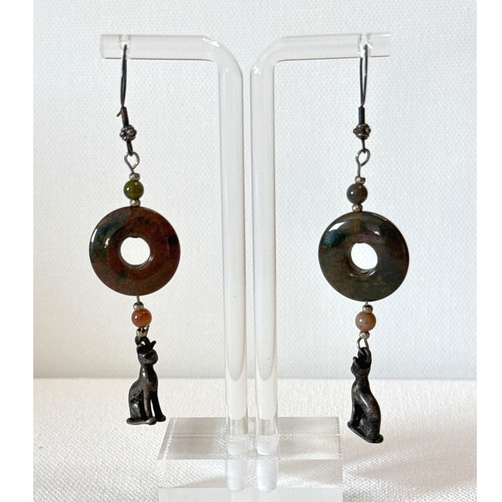 Vintage Handmade Indian Agate Pi Stone Donut Bastet Cat Dangle Earrings Egyptian